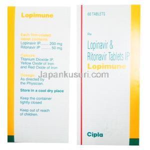 ロピミューン, リトナビル 50mg　/ ロピナビル 200mg, 製造元：Cipla, 60錠, 箱裏面情報